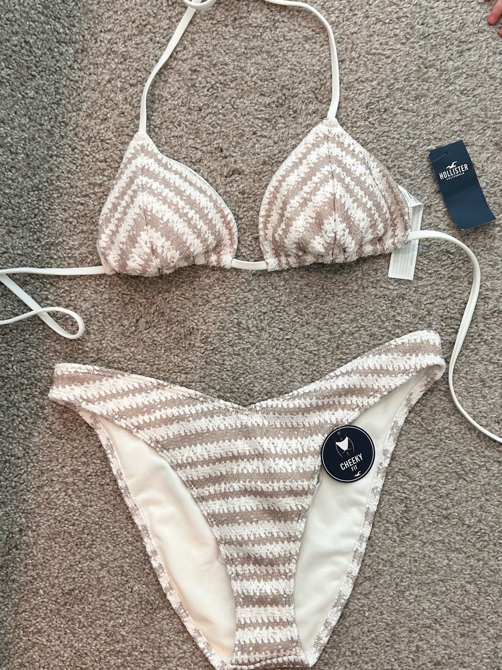 Hollister Cream & Taupe Striped Cheeky Bikini